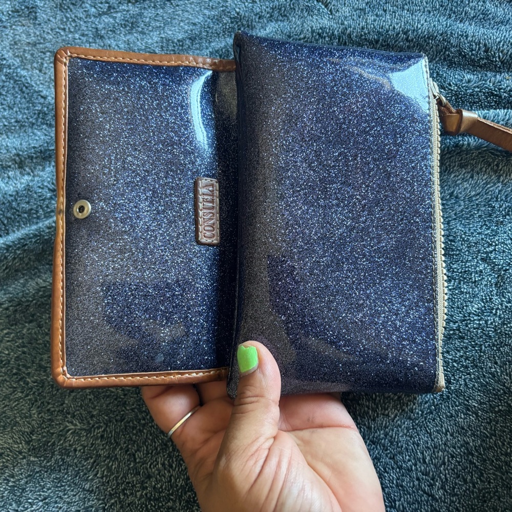 Consuela Brown Trim Wristlet Wallet with Blue Accent